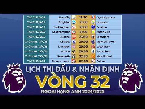 lich thi dau ngoai hang anh 2024 2025 vong 32 cuoc dua top 4 nong bong